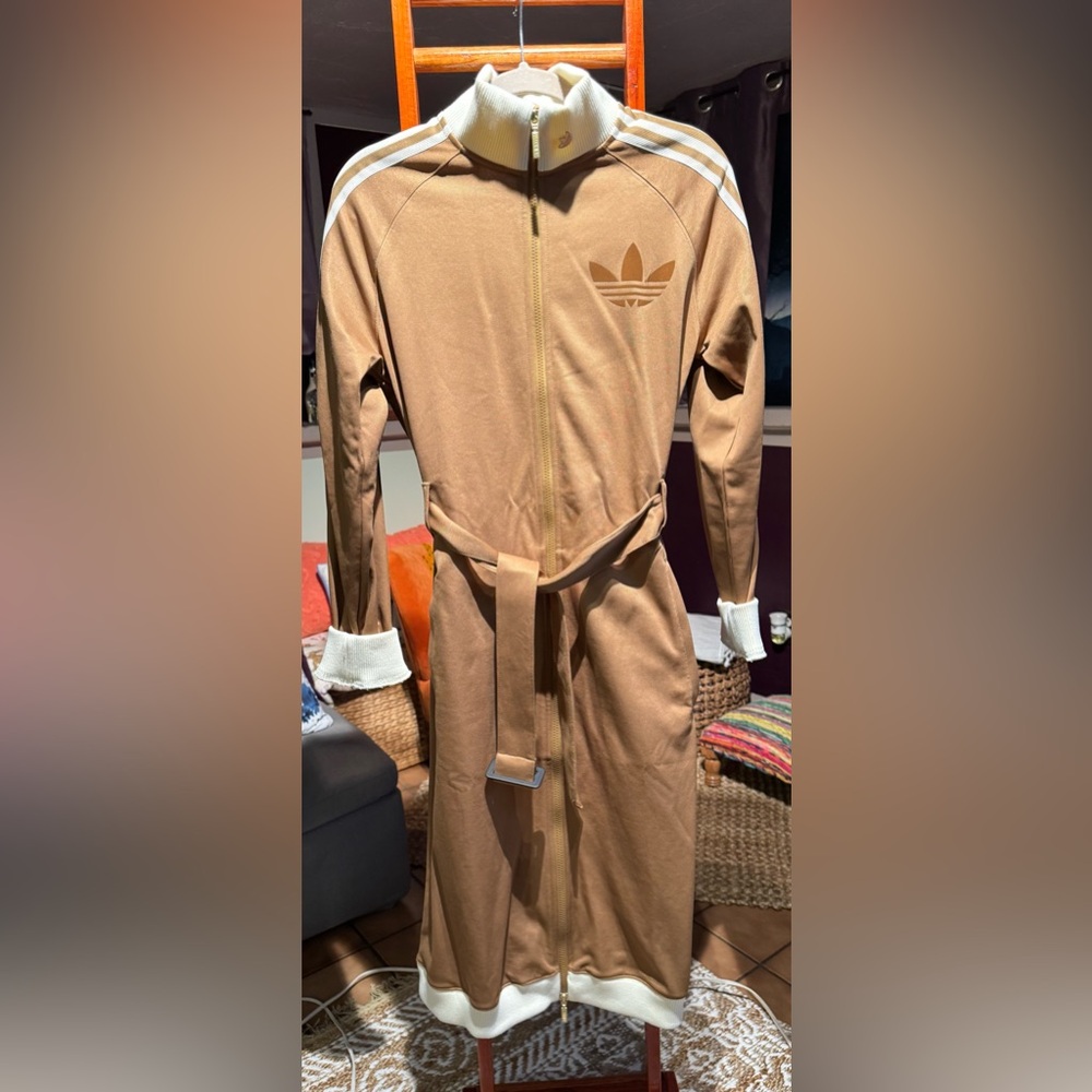 Adidas Women's Tan Trench Coat with White Accents